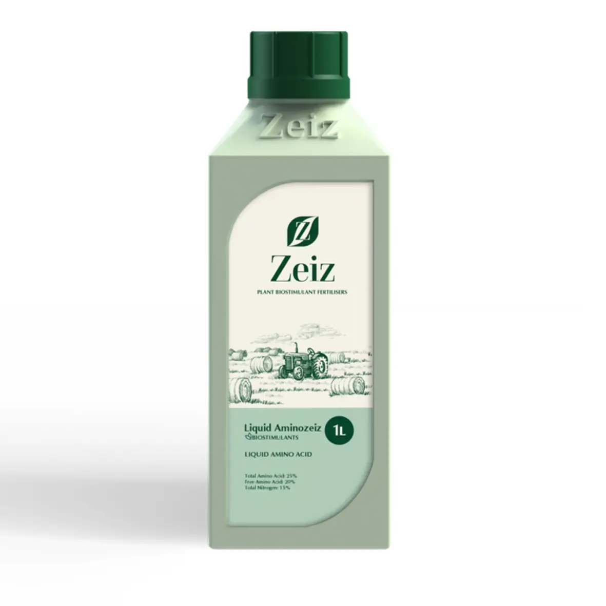 عکس یک بطری پلاستیکی مستطیلی شکل با بدنه به رنگ سبز روشن و درب پیچی تیره؛ روی بدنه با برجستگی نوشته «Zeiz» و در زیر آن برچسب سفید–سبز قرار دارد که لوگوی Zeiz، عنوان «Liquid Aminozeiz 1L»، عبارت «Plant Biostimulant Fertilisers» و درصد ترکیبات «Total Amino Acid 25%، Free Amino Acid 20%، Total Nitrogen 15%» به‌همراه طرح خطی یک تراکتور در مزرعه نقش بسته است.