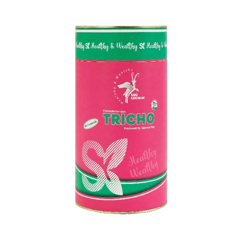 تصویر بسته‌بندی محصول تریکو (Tricho) سبزکاوشان حاوی قارچ مفید Trichoderma ghanense با تراکم 1×10⁸ پروپاگول، در قوطی صورتی و سبز مناسب برای بهبود سلامت خاک و کنترل زیستی.